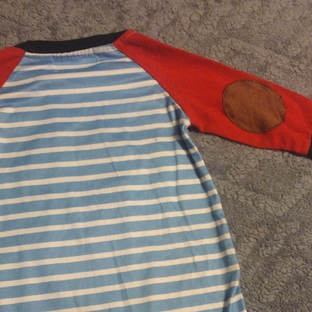 Striped Blue & White Caravan Appliqué Footie with Red Raglan Sleeves - Picture 9 of 10